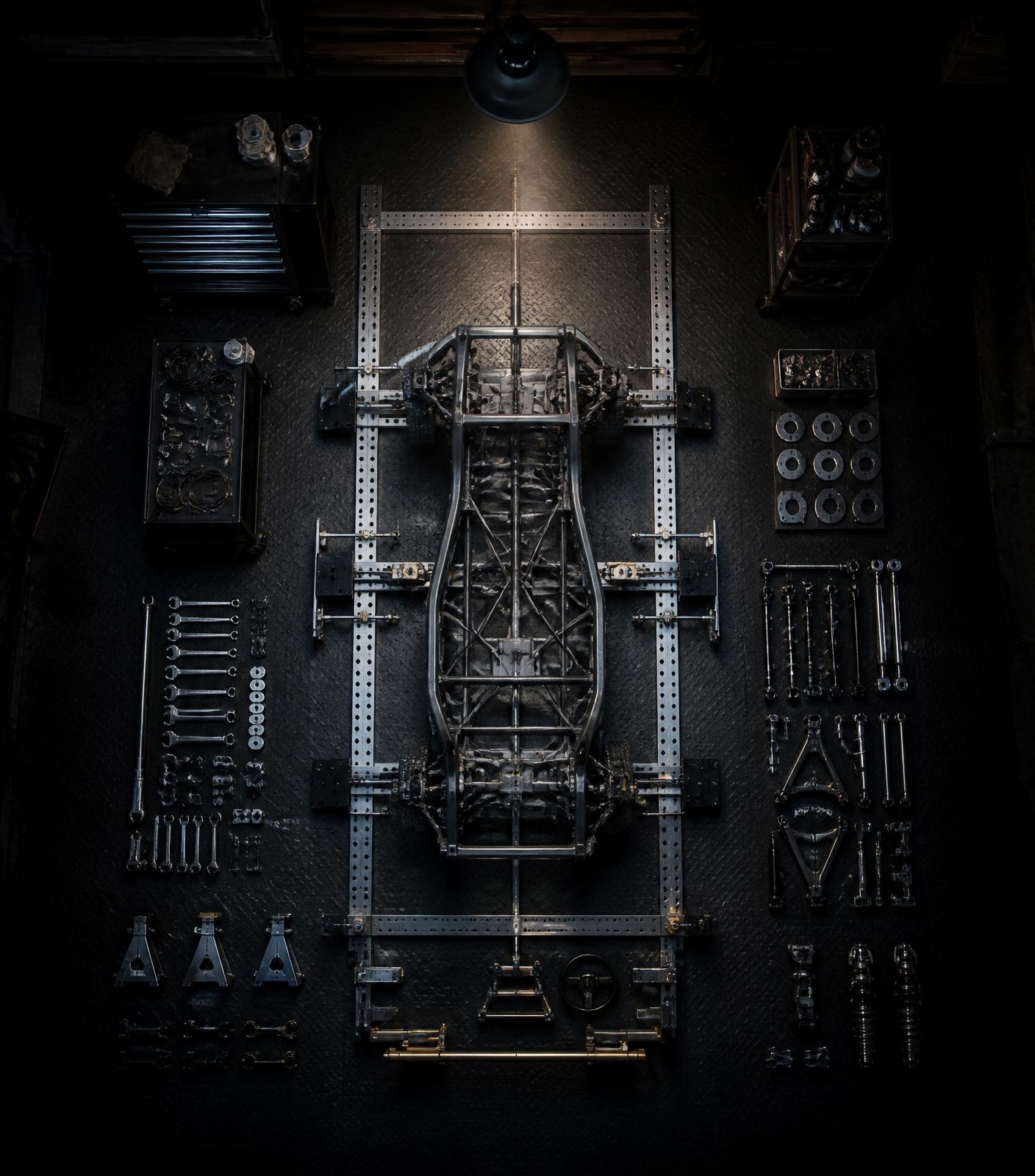 Overhead view of a workshop bay with tools laid out around a chassis